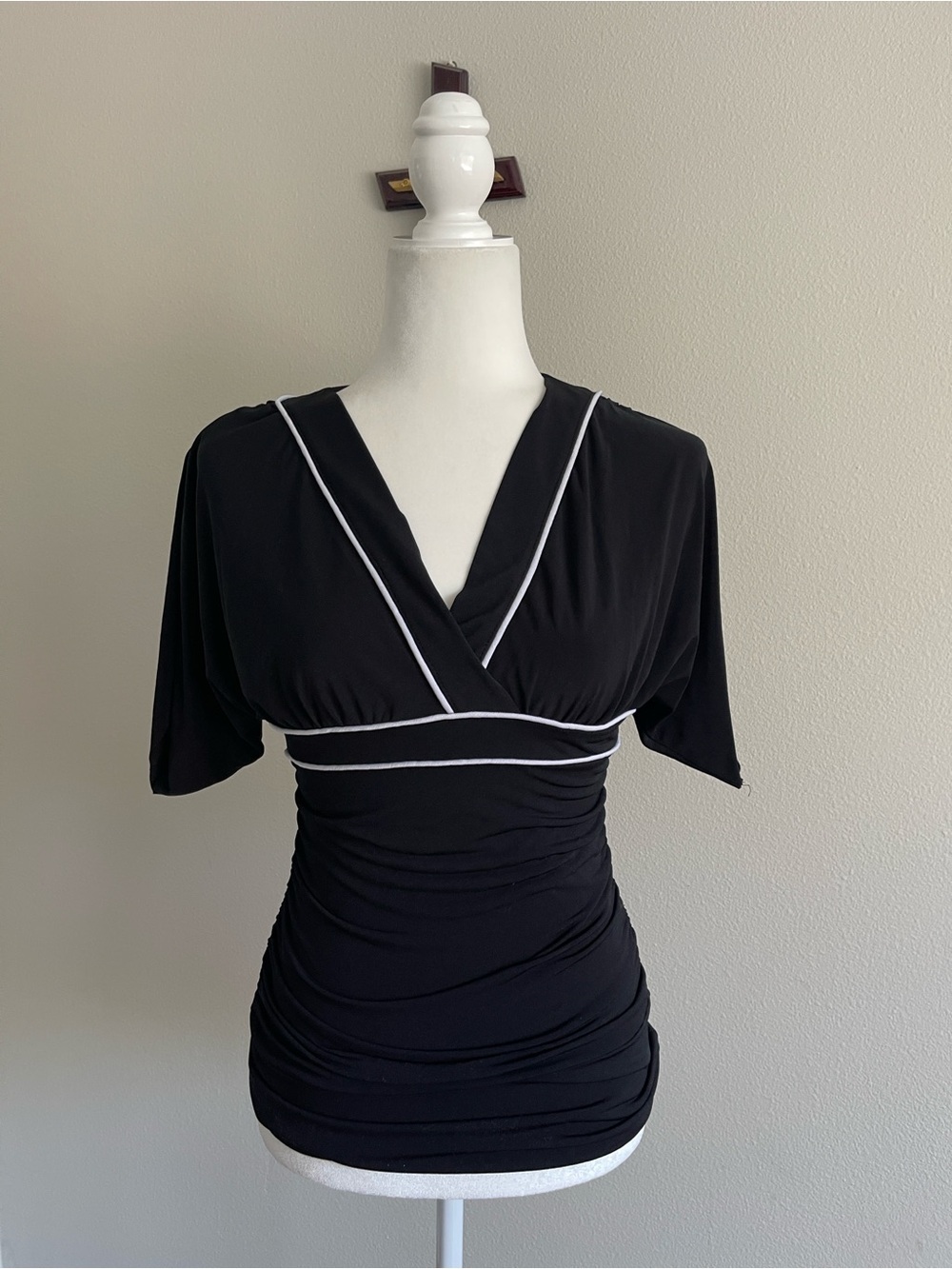 Women’s Black V-Neck Ruched Top with White Trim